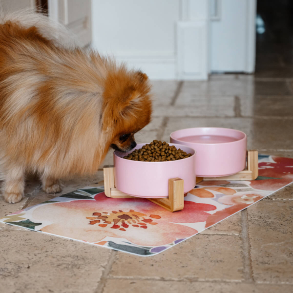 CERAMIC PET BOWLS WITH BAMBOO STAND - PINK Life Style (2)