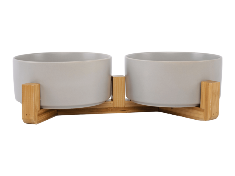 Ceramic Pet Bowls With Bamboo Stand Grey (1)