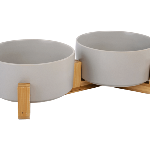 Ceramic Pet Bowls With Bamboo Stand Grey (2)