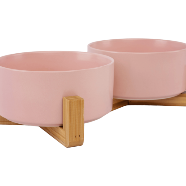Ceramic Pet Bowls With Bamboo Stand Pink (1)