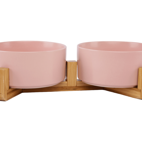 Ceramic Pet Bowls With Bamboo Stand Pink (2)