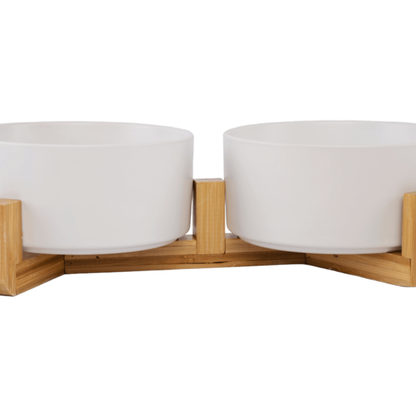 Ceramic Pet Bowls With Bamboo Stand White (1)