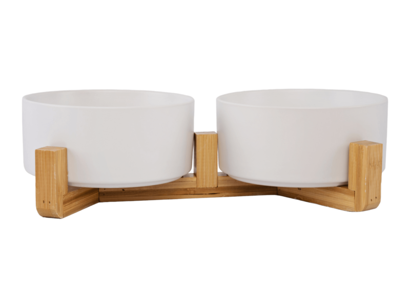 Ceramic Pet Bowls With Bamboo Stand White (1)