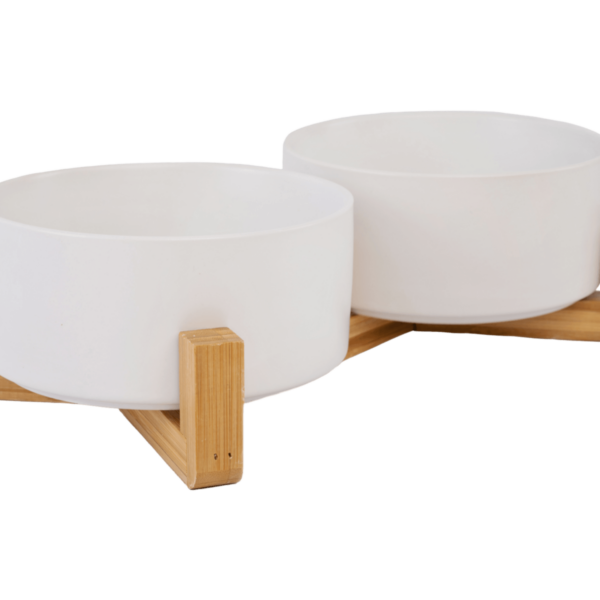 Ceramic Pet Bowls With Bamboo Stand White (2)