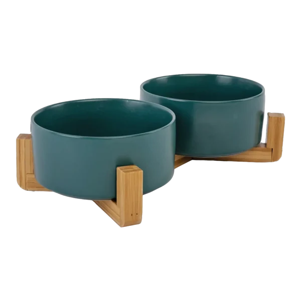 Ceramic Pet Bowls With Bamboo Stand - Green 2