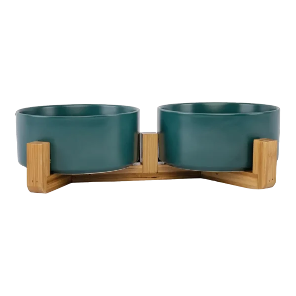 Ceramic Pet Bowls With Bamboo Stand - Green