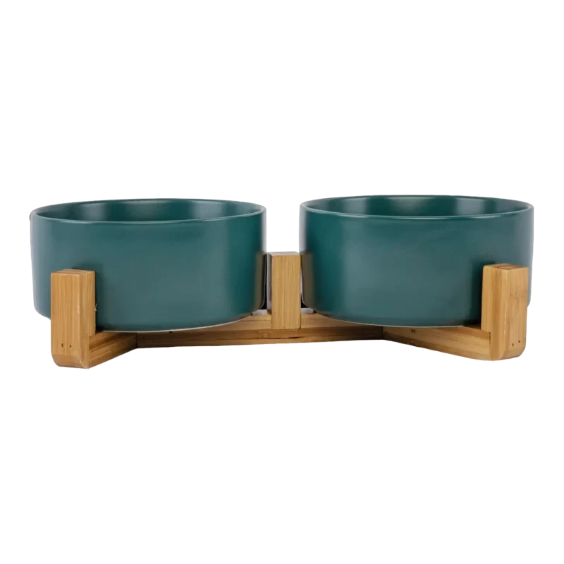 Ceramic Pet Bowls With Bamboo Stand - Green