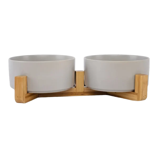 Ceramic Pet Bowls With Bamboo Stand - Grey