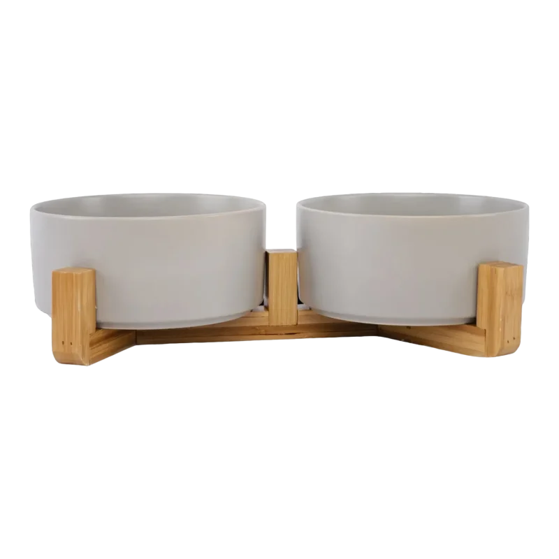 Ceramic Pet Bowls With Bamboo Stand - Grey