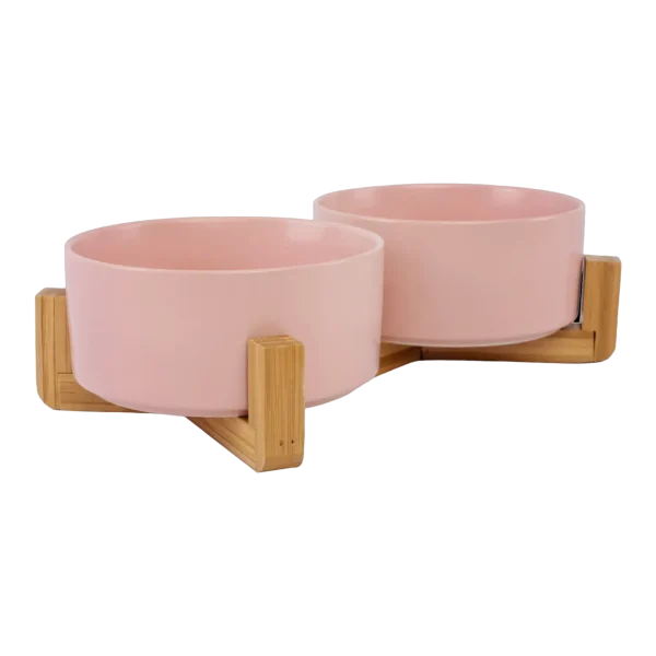 Ceramic Pet Bowls With Bamboo Stand - Pink 2