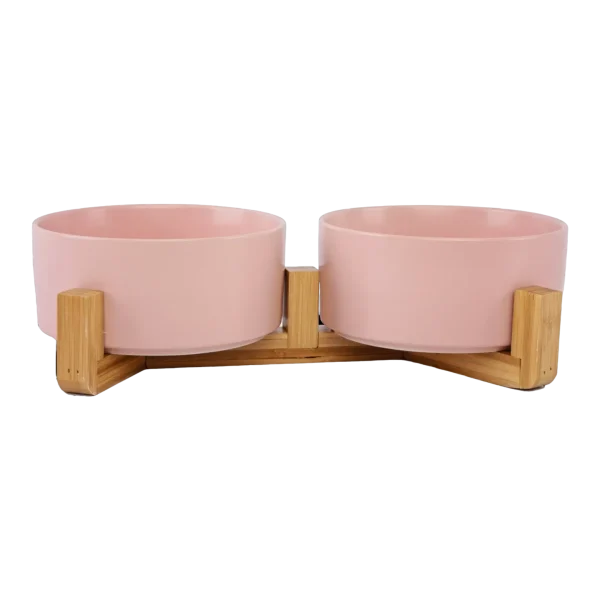 Ceramic Pet Bowls With Bamboo Stand - Pink