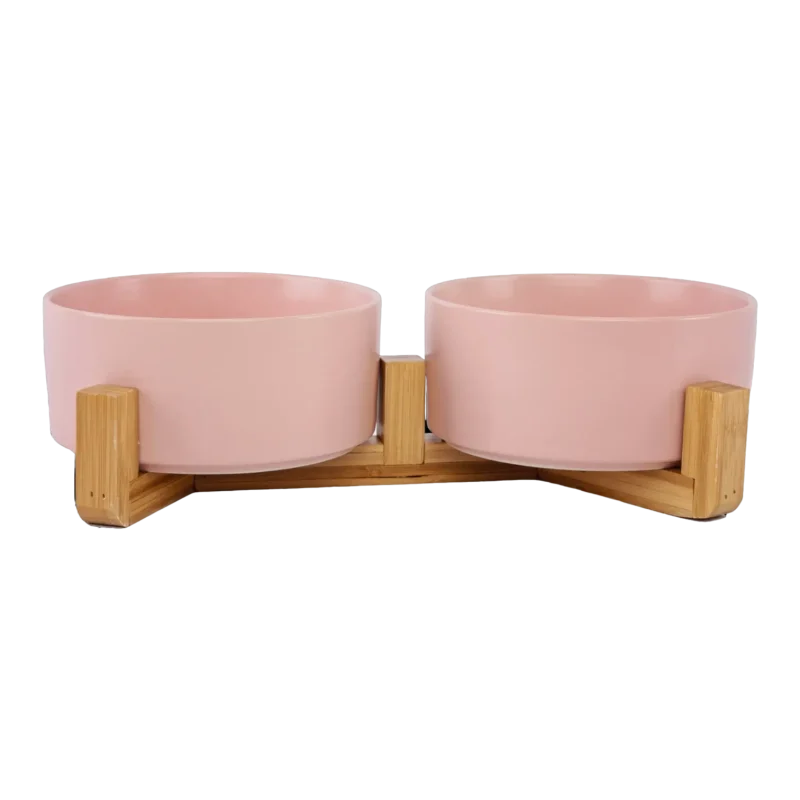 Ceramic Pet Bowls With Bamboo Stand - Pink