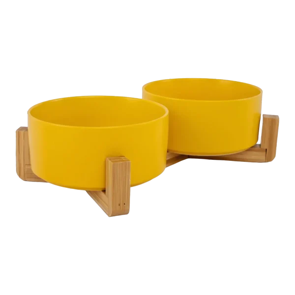 Ceramic Pet Bowls With Bamboo Stand - Yellow 2