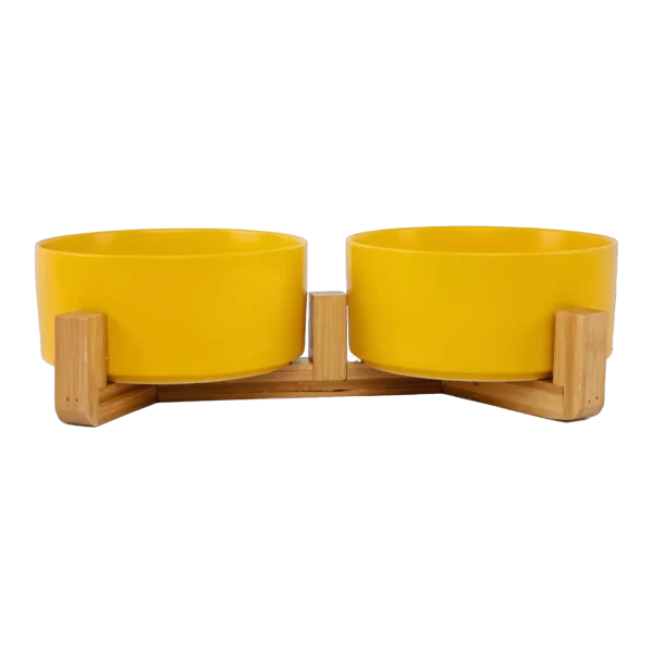 Ceramic Pet Bowls With Bamboo Stand - Yellow