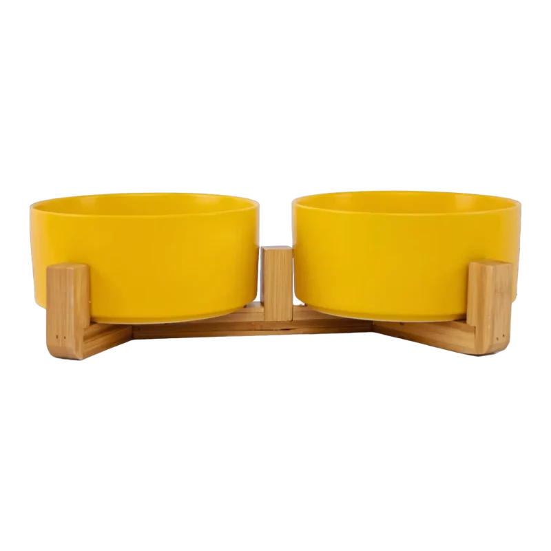 Ceramic Pet Bowls With Bamboo Stand - Yellow