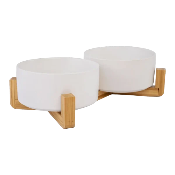 Pet Bowls With Bamboo Stand - White 2