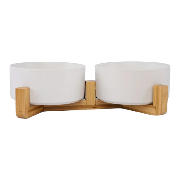 Pet Bowls With Bamboo Stand - White