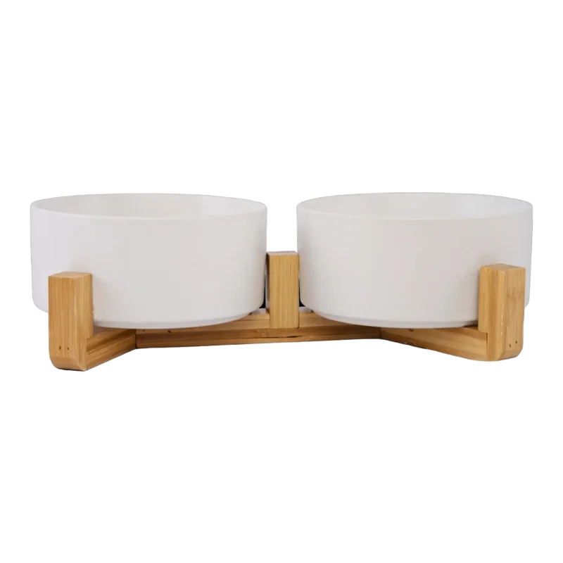 Pet Bowls With Bamboo Stand - White