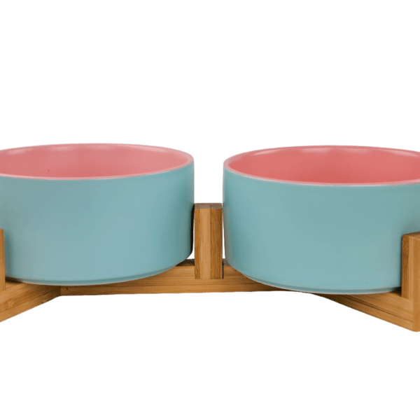 Cat Ceramic Pet Bowls With Bamboo Stand - Outer Blue Inner Pink PS 1