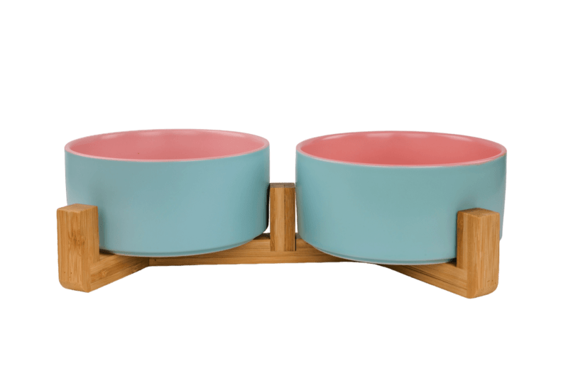 Cat Ceramic Pet Bowls With Bamboo Stand - Outer Blue Inner Pink PS 1