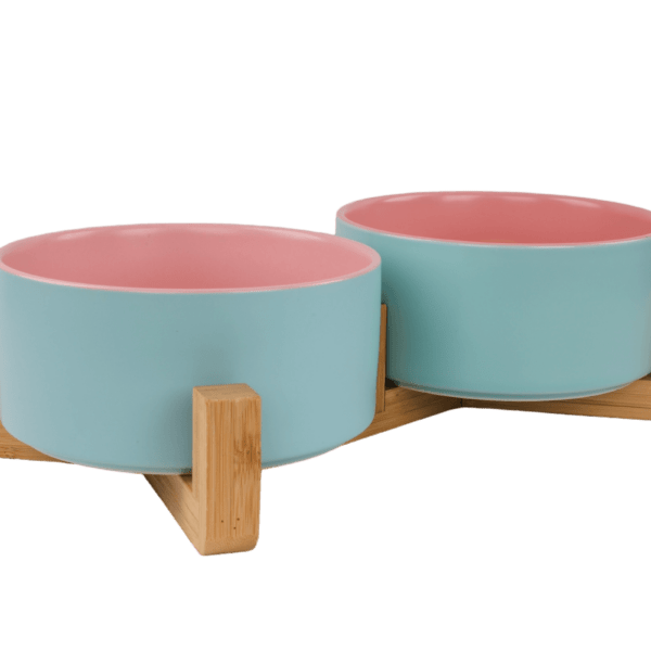 Cat Ceramic Pet Bowls With Bamboo Stand - Outer Blue Inner Pink PS 2
