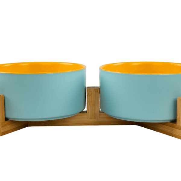 Cat Ceramic Pet Bowls With Bamboo Stand - Outer Blue Inner Yellow PS 1