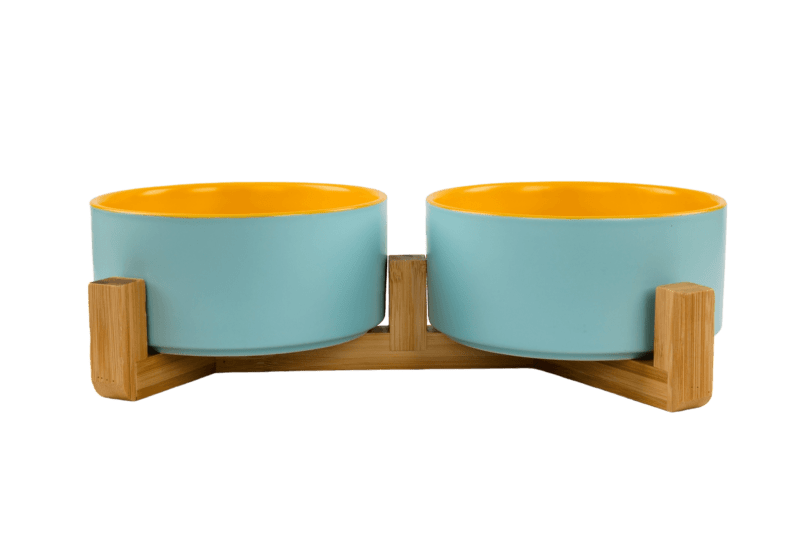 Cat Ceramic Pet Bowls With Bamboo Stand - Outer Blue Inner Yellow PS 1
