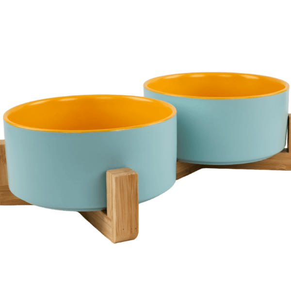 Cat Ceramic Pet Bowls With Bamboo Stand - Outer Blue Inner Yellow PS 2