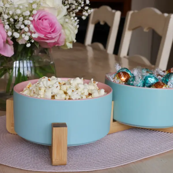 Ceramic Snack Bowls With Bamboo Stand - Outer Blue Inner Pink LS 4