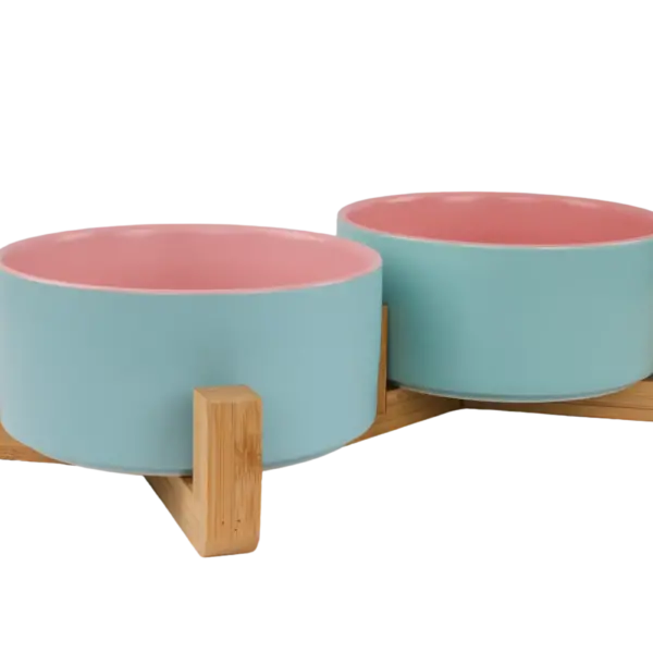 Ceramic Snack Bowls With Bamboo Stand - Outer Blue Inner Pink PS 2