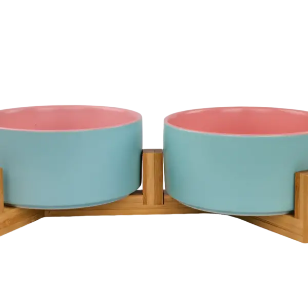 Ceramic Snack Bowls With Bamboo Stand - Outer Blue Inner Pink PS
