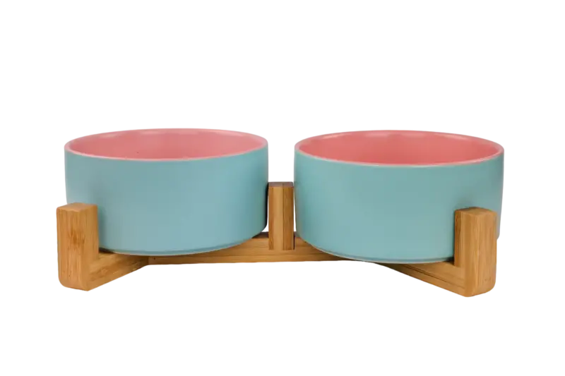 Ceramic Snack Bowls With Bamboo Stand - Outer Blue Inner Pink PS