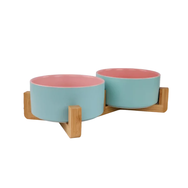 Pet Bowls With Bamboo Stand - Outer Blue Inner Pink 2