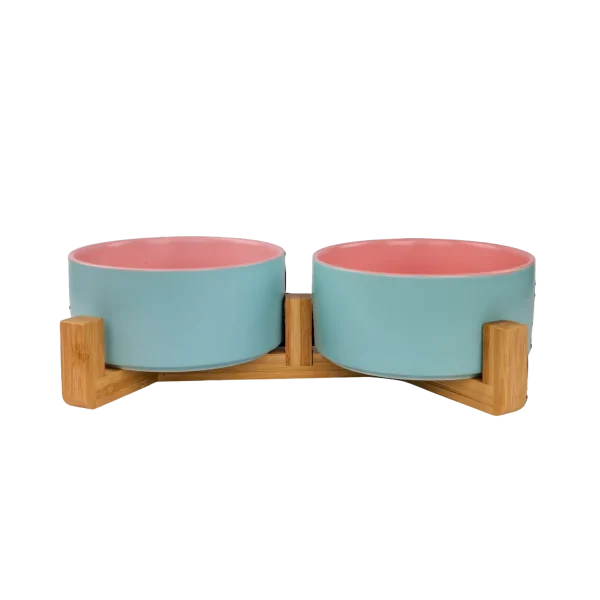 Pet Bowls With Bamboo Stand - Outer Blue Inner Pink