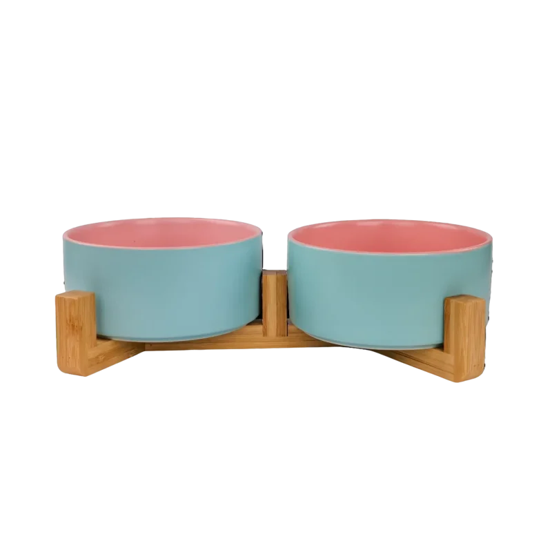 Pet Bowls With Bamboo Stand - Outer Blue Inner Pink