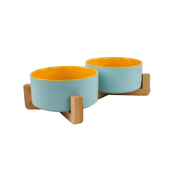 Pet Bowls With Bamboo Stand - Outer Blue Inner Yellow 2