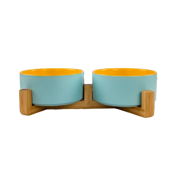 Pet Bowls With Bamboo Stand - Outer Blue Inner Yellow