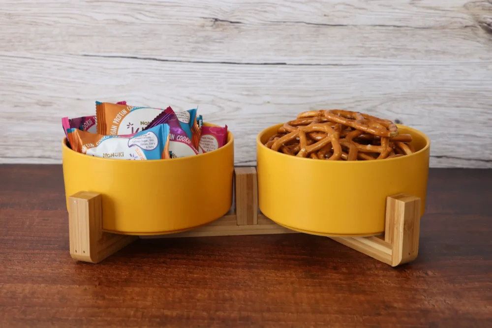 Ceramic Snack Bowls With Bamboo Stand - Yellow - Image 3