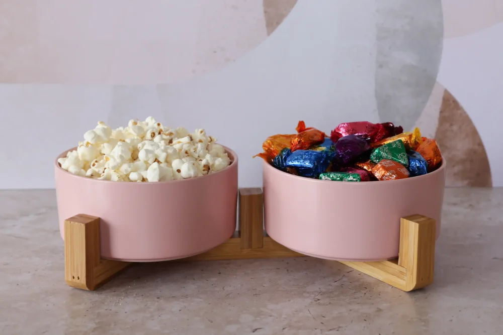 Ceramic Snack Bowls With Bamboo Stand - Pink - Image 3