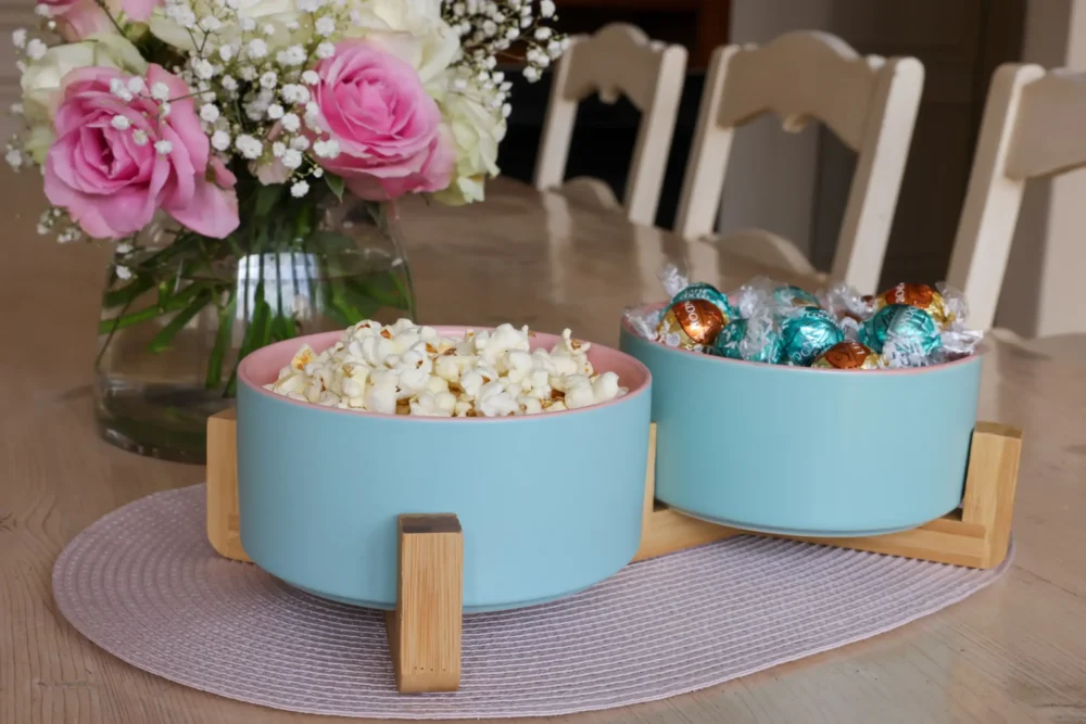 Ceramic Snack Bowls With Bamboo Stand Outer Blue Inner Pink - Image 6