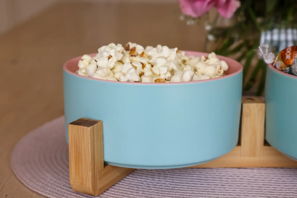 Ceramic Snack Bowls With Bamboo Stand Outer Blue Inner Pink - Image 5