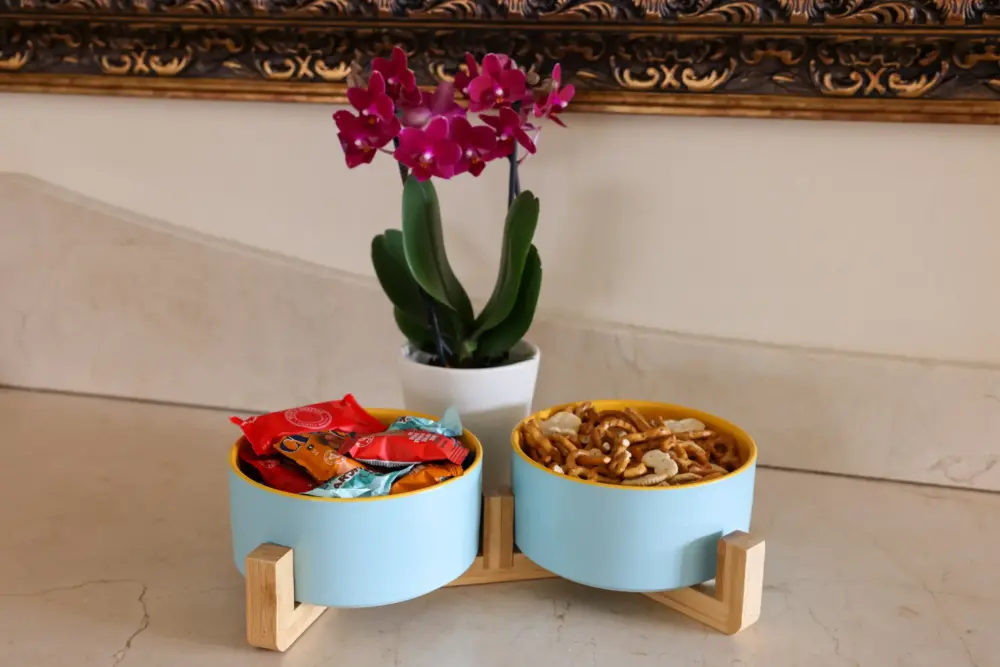 Ceramic Snack Bowls With Bamboo Stand Outer Blue Inner Yellow - Image 3