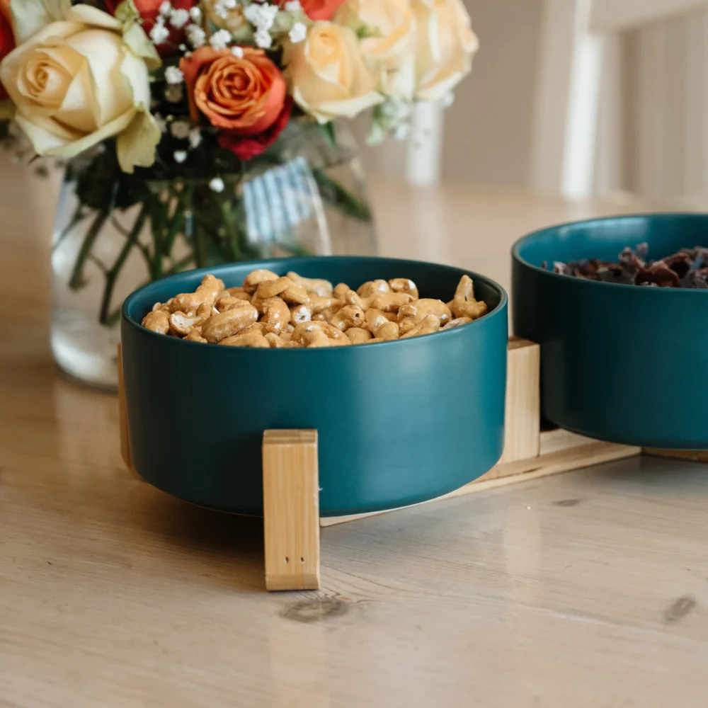 Ceramic Snack Bowls With Bamboo Stand - Green - Image 3