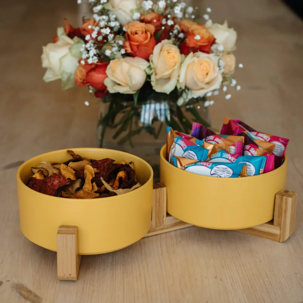 Ceramic Snack Bowls With Bamboo Stand - Yellow - Image 5