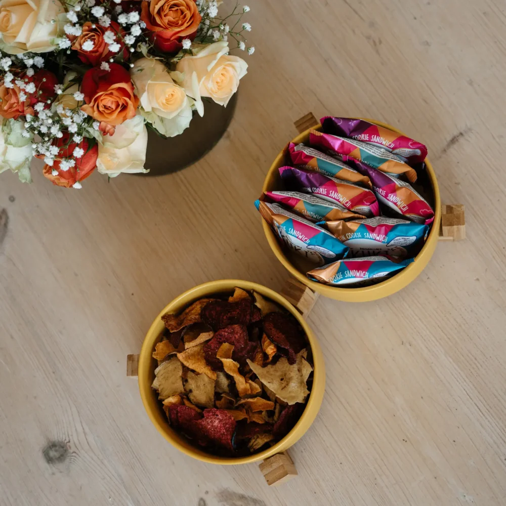 Ceramic Snack Bowls With Bamboo Stand - Yellow - Image 4