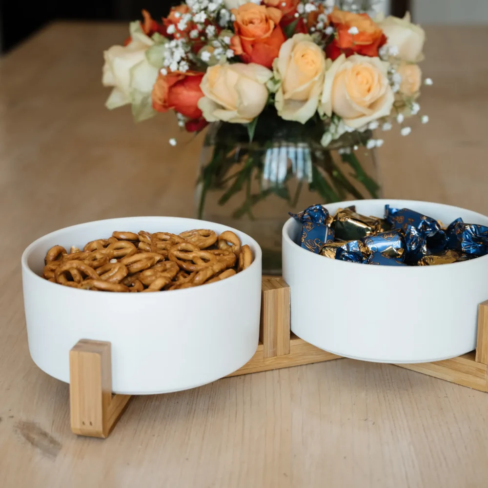 Ceramic Snack Bowls With Bamboo Stand - White - Image 5