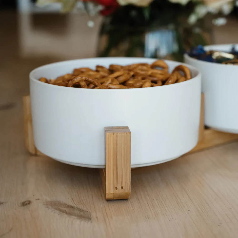 Ceramic Snack Bowls With Bamboo Stand - White - Image 3