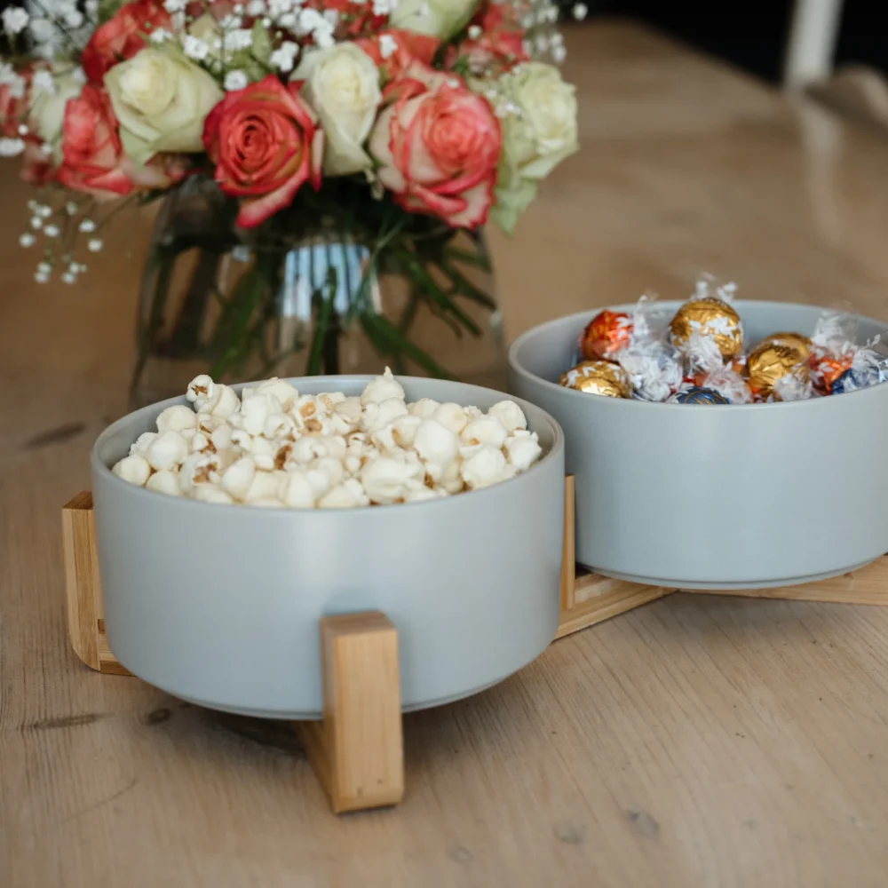 Ceramic Snack Bowls With Bamboo Stand - Grey - Image 3