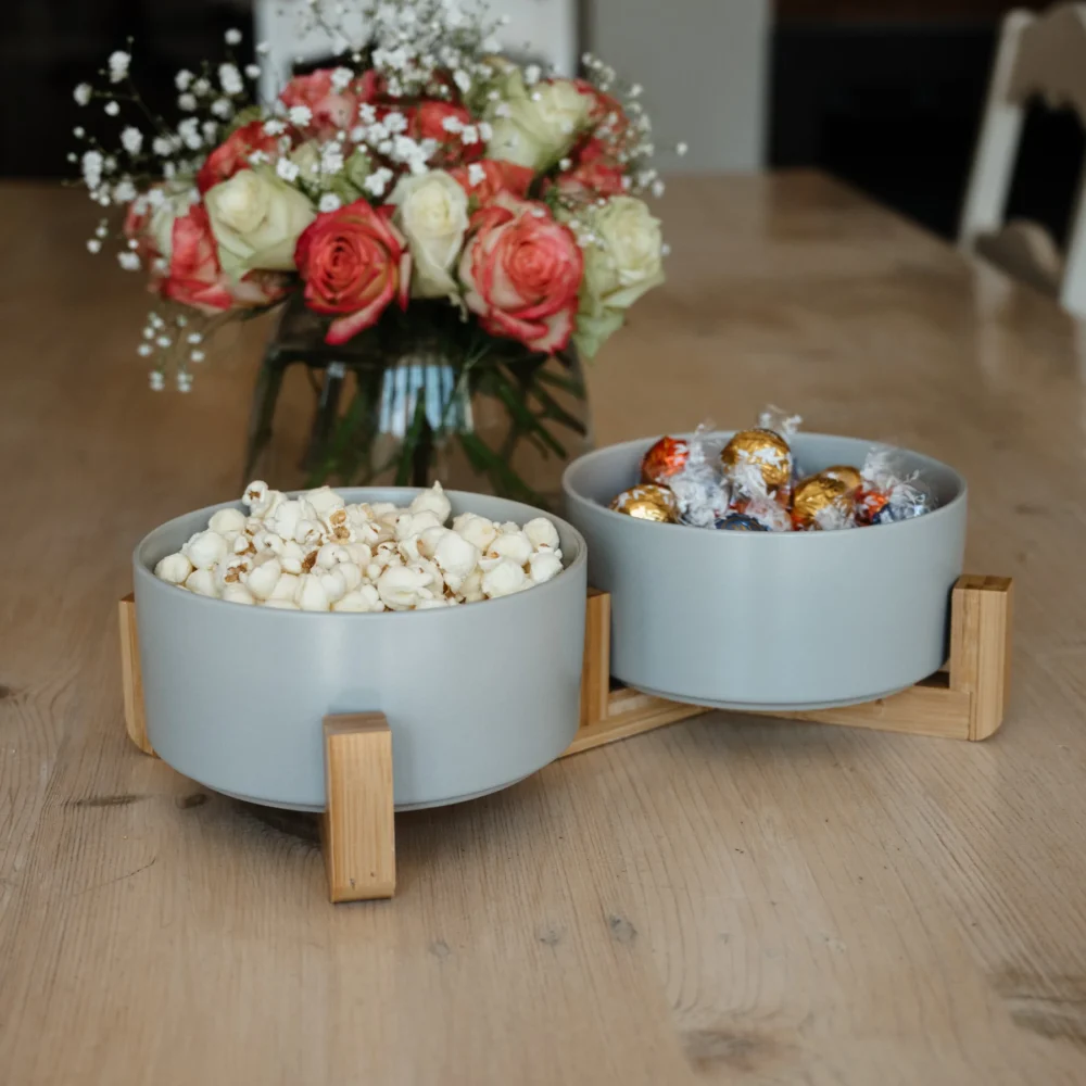 Ceramic Snack Bowls With Bamboo Stand - Grey - Image 5