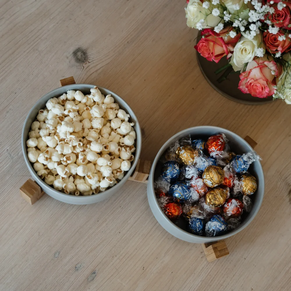 Ceramic Snack Bowls With Bamboo Stand - Grey - Image 4